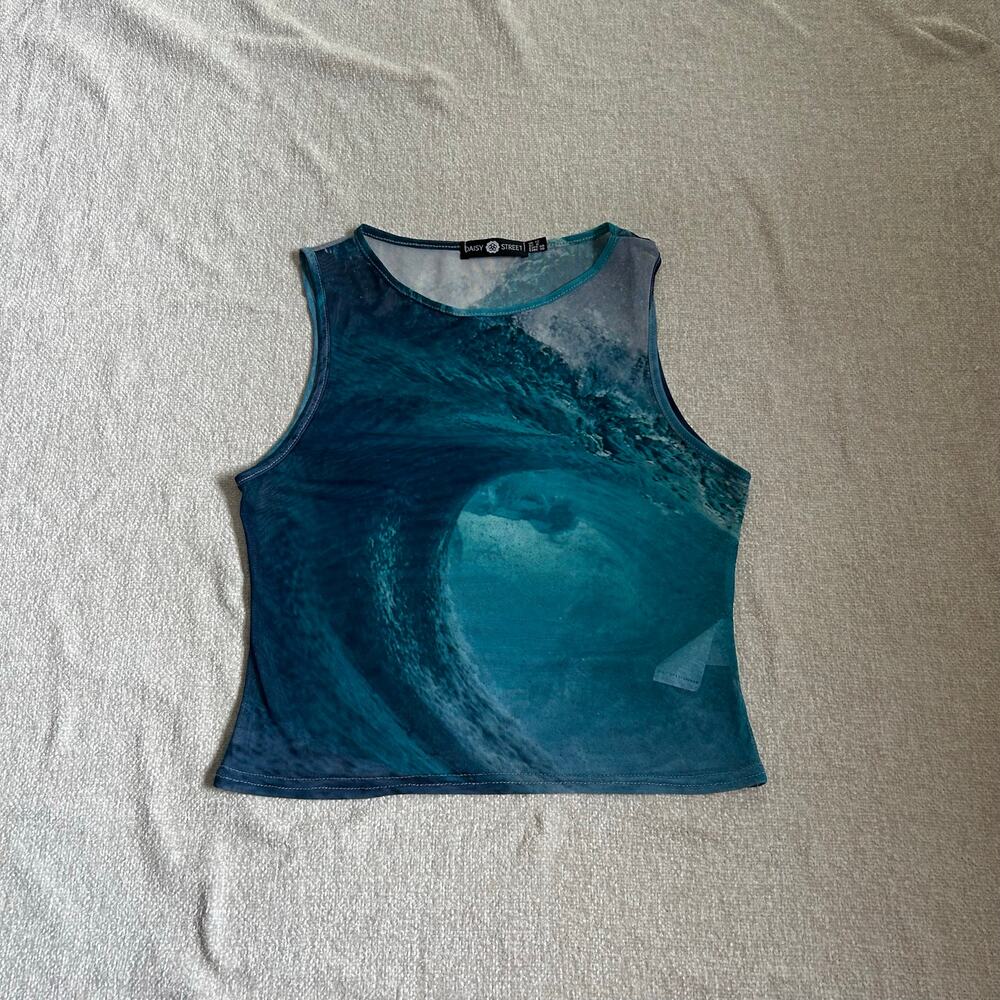 blue ocean wave graphic print mesh top